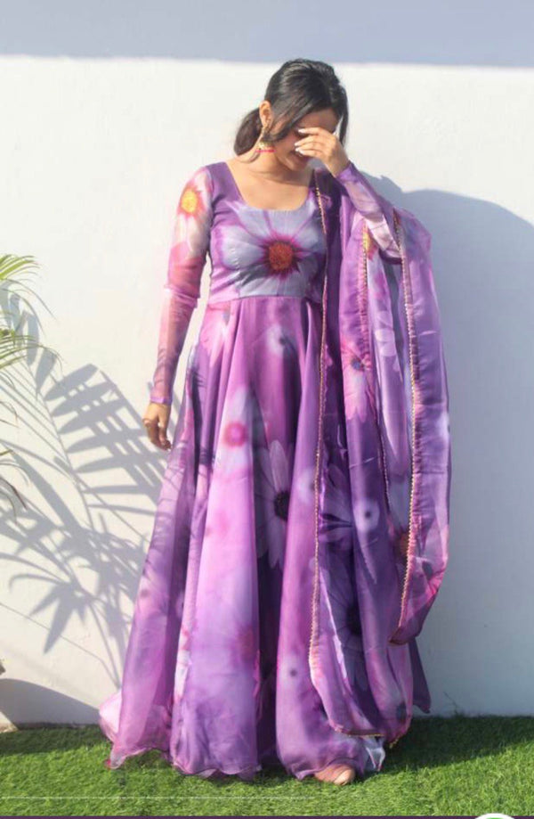 Purple Pure Organza Digital Printed Long Gown